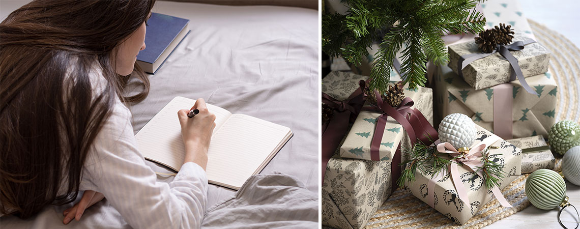 Γυναίκα που γράφει τη λίστα αγορών ξαπλωμένη σε κρεβάτι & χριστουγεννιάτικα δώρα κάτω από δέντρο