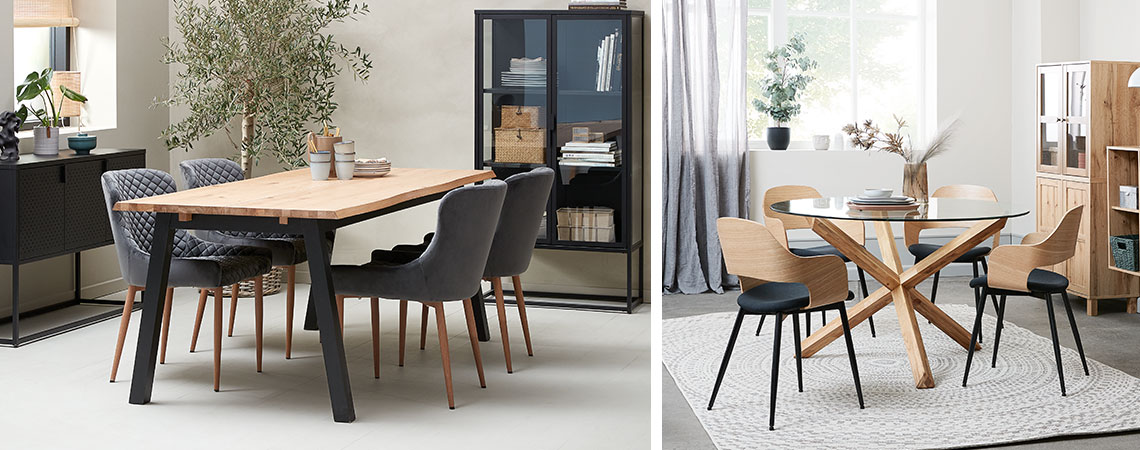 Τραπέζι μακρόστενο με φύλλο επέκτασης και στρογγυλό τραπέζι με γυάλινη επιφάνεια και καρέκλες τραπεζαρίας