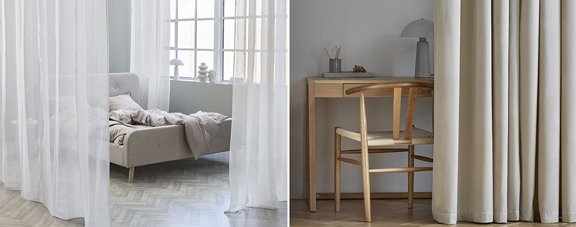 Δύο παραδείγματα για το πώς να χρησιμοποιήσετε τις κουρτίνες ως διαχωριστικά δωματίου: Για το υπνοδωμάτιο και το home office σας