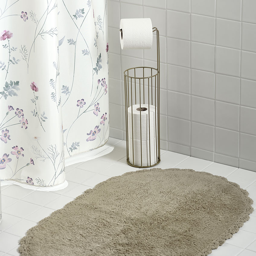 Κουρτίνα μπάνιου, πατάκι μπάνιου και βάση για το χαρτί τουαλέτας σε μπάνιο