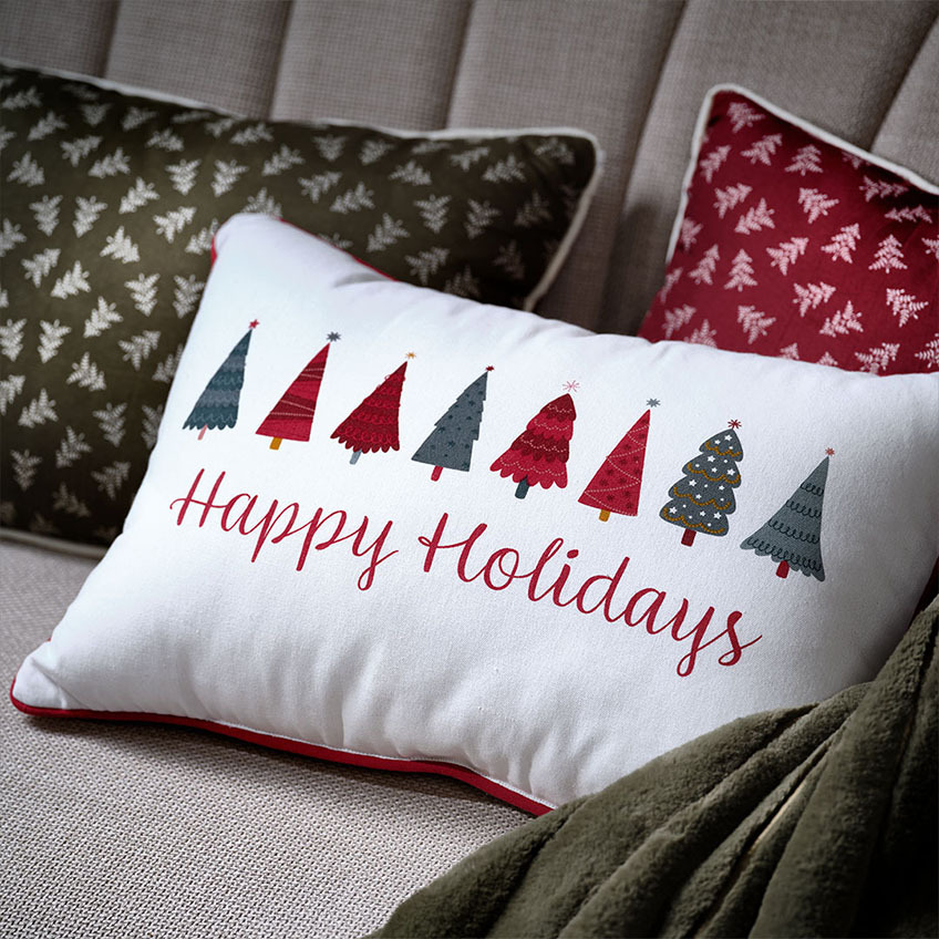 Διακοσμητικά μαξιλάρια με χριστουγεννιάτικα μοτίβα, δεντράκια και ευχές