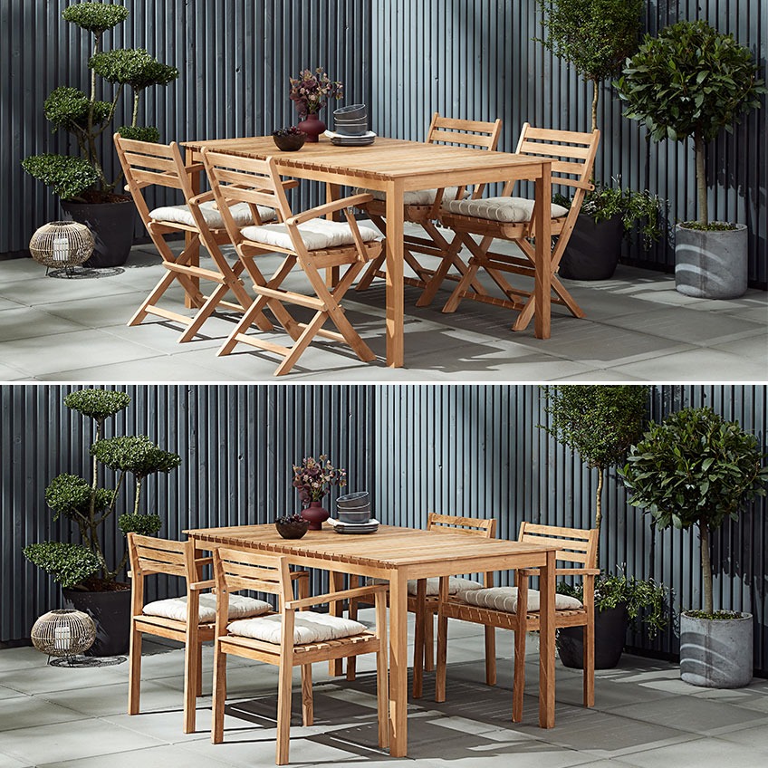 Δύο διαφορετικά σετ τραπεζαρίας κήπου από ξύλο τικ, όπου το τραπέζι κήπου συνδυάζεται είτε με κλασικές, στοιβαζόμενες καρέκλες κήπου, είτε με αναδιπλούμενες καρέκλες κήπου