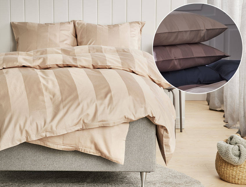 Κρεβάτι στρωμένο με σατέν σετ παπλωματοθήκης από 60% βαμβάκι και 40% βισκόζη από μπαμπού