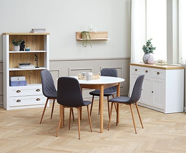 Στρογγυλό τραπέζι τραπεζαρίας με 4 καρέκλες τραπεζαρίας με γκρι επένδυση