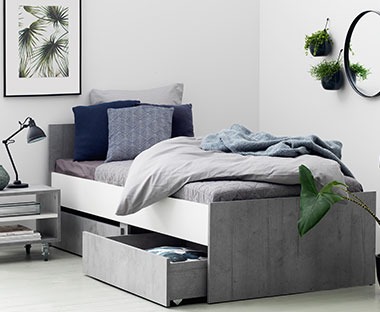 Μονό κρεβάτι με αποθηκευτικά συρτάρια, απόχρωση λευκό/cement 